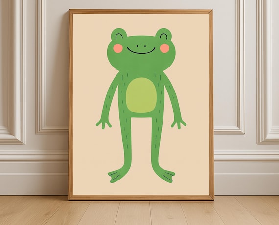 Happy Green Frog Cute Smiling Nursery Kids Poster Illustration