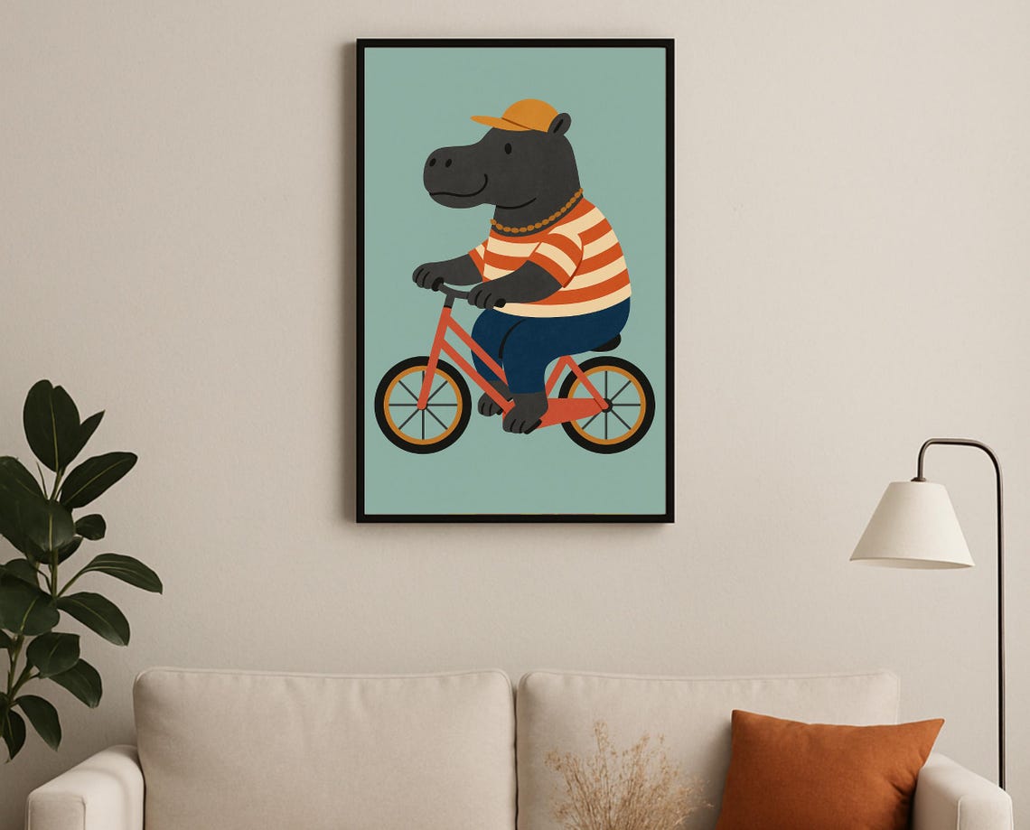 Happy Hippo Riding Red Bicycle Orange Cap Teal Nursery Poster Art