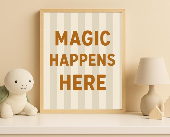 Magic Happens Here Quote Retro Striped Nursery Typography Kids Room Poster