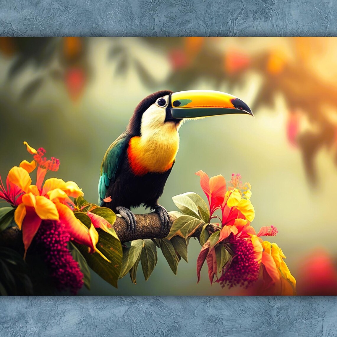 Colorful Toucan on Tropical Flower Branch Rainforest Art Poster