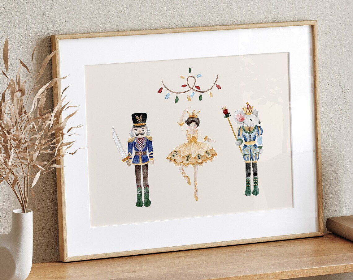 Nutcracker Ballet Soldier Ballerina Watercolor Christmas Art Print