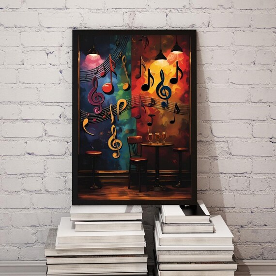 Jazz Club Bar Scene with Glowing Music Notes Night Art Poster