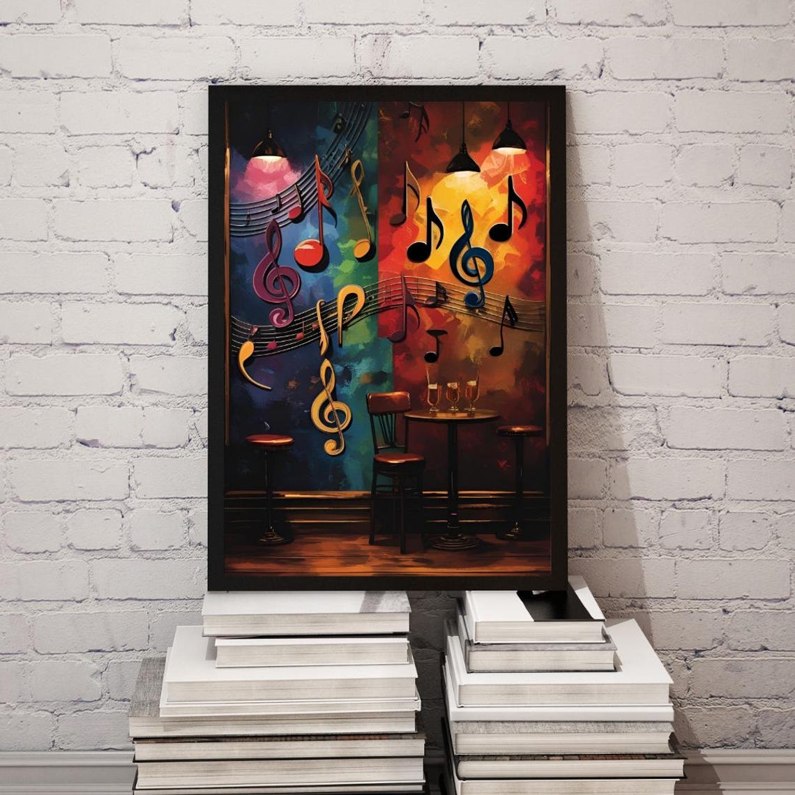 Jazz Club Bar Scene with Glowing Music Notes Night Art Poster