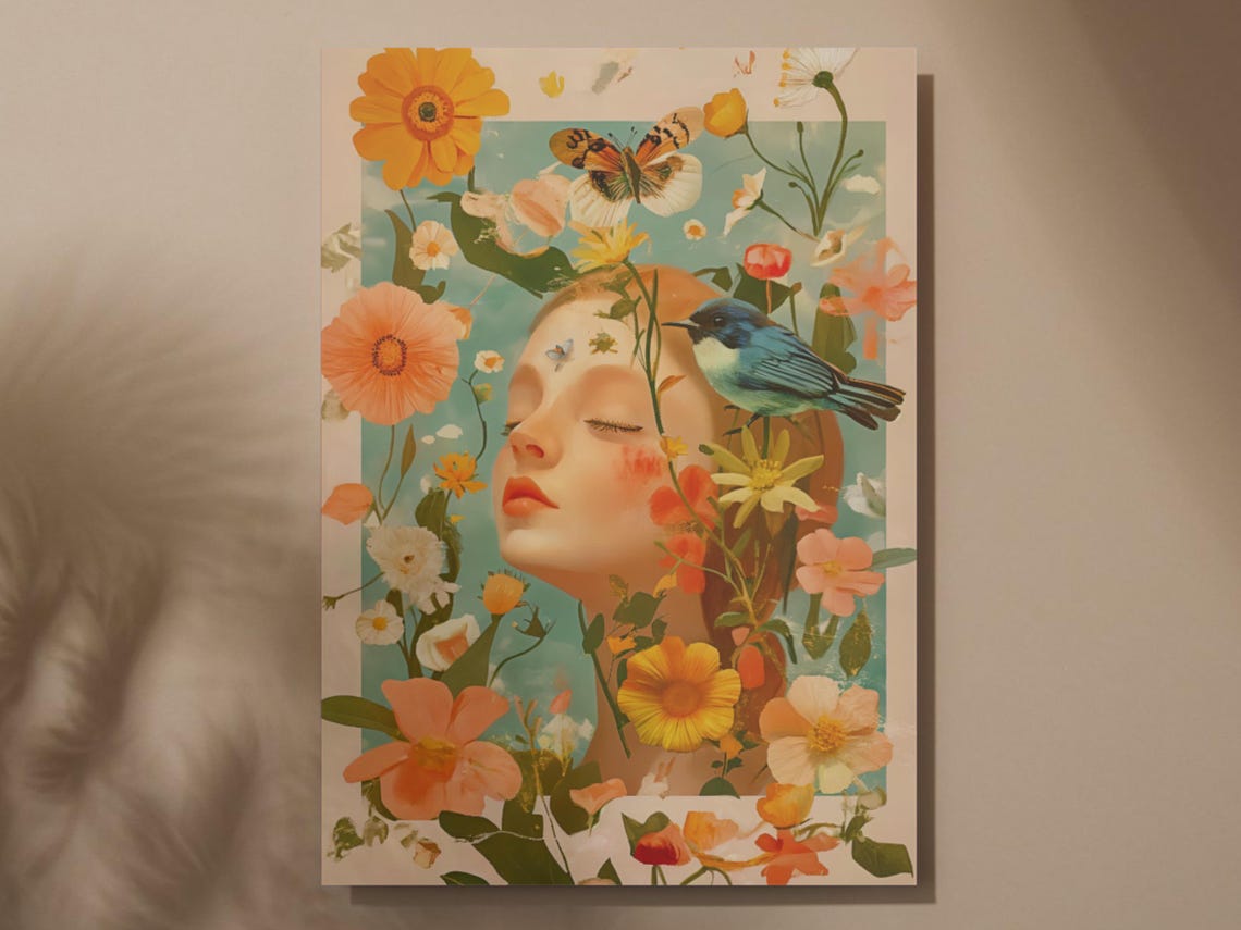 Vintage Floral Lady Portrait Orange Blooms Bluebirds Art Poster - Image 5