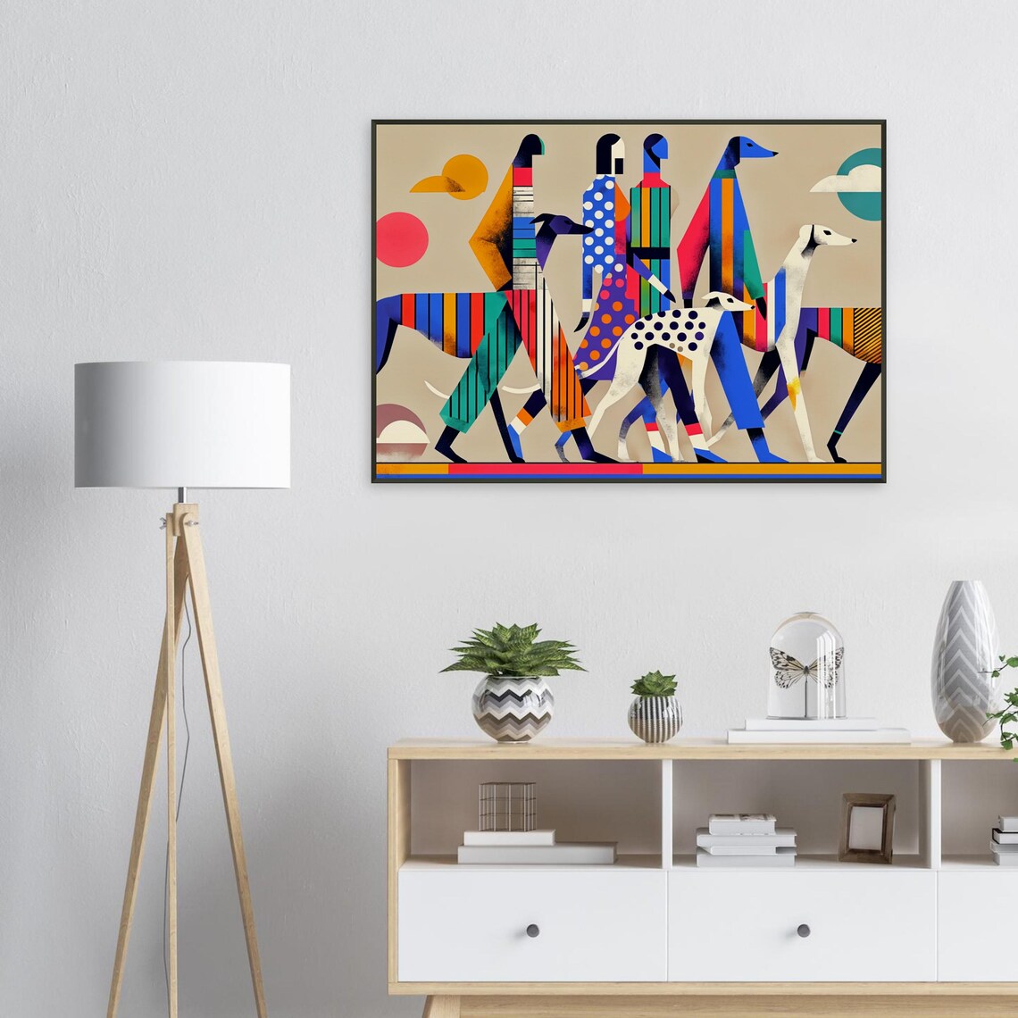 People and Greyhounds Colorful Street Parade Dog Lover Art Poster - Image 2