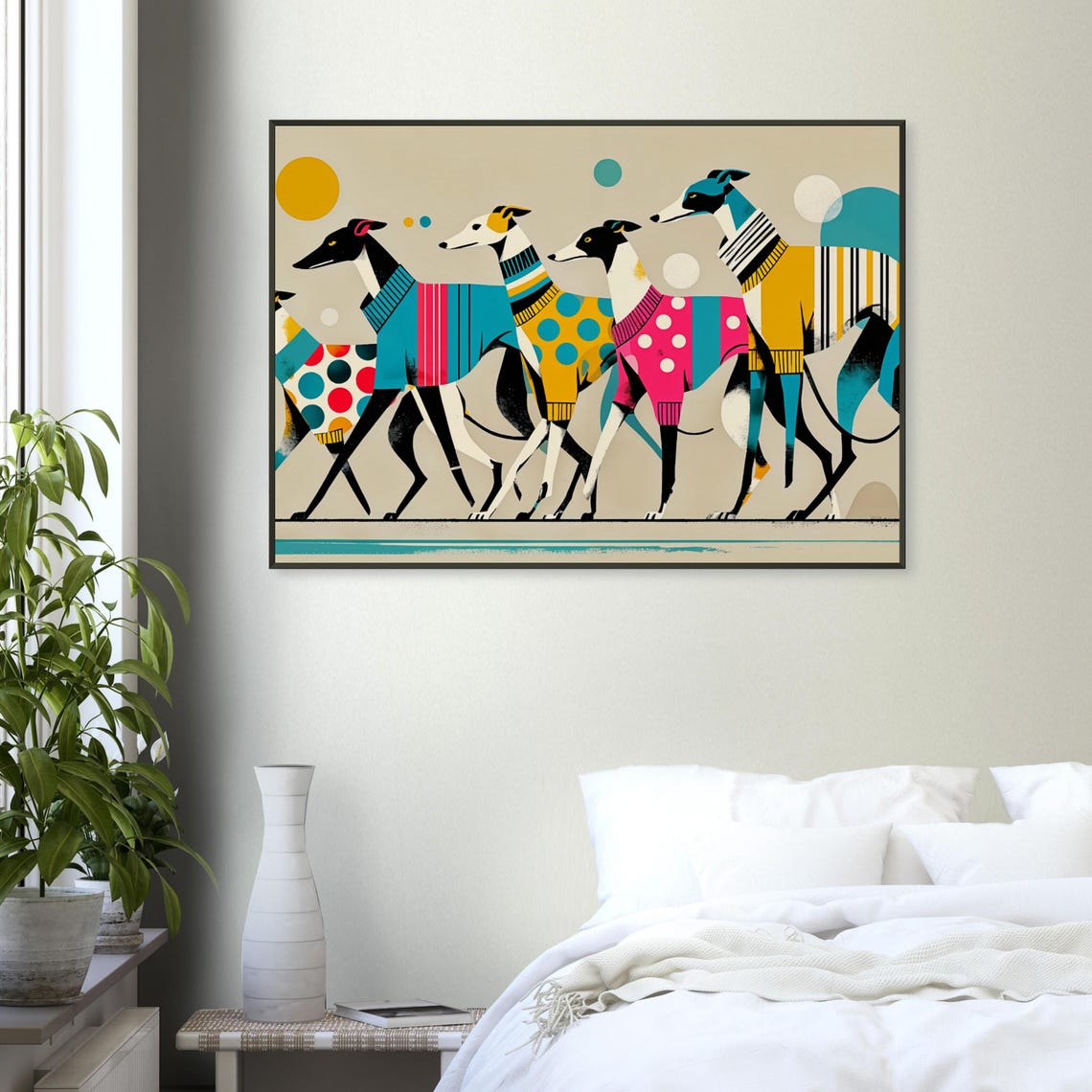 Stylish Greyhounds Walking Colorful Geometric Dog Sweaters Art Poster - Image 4