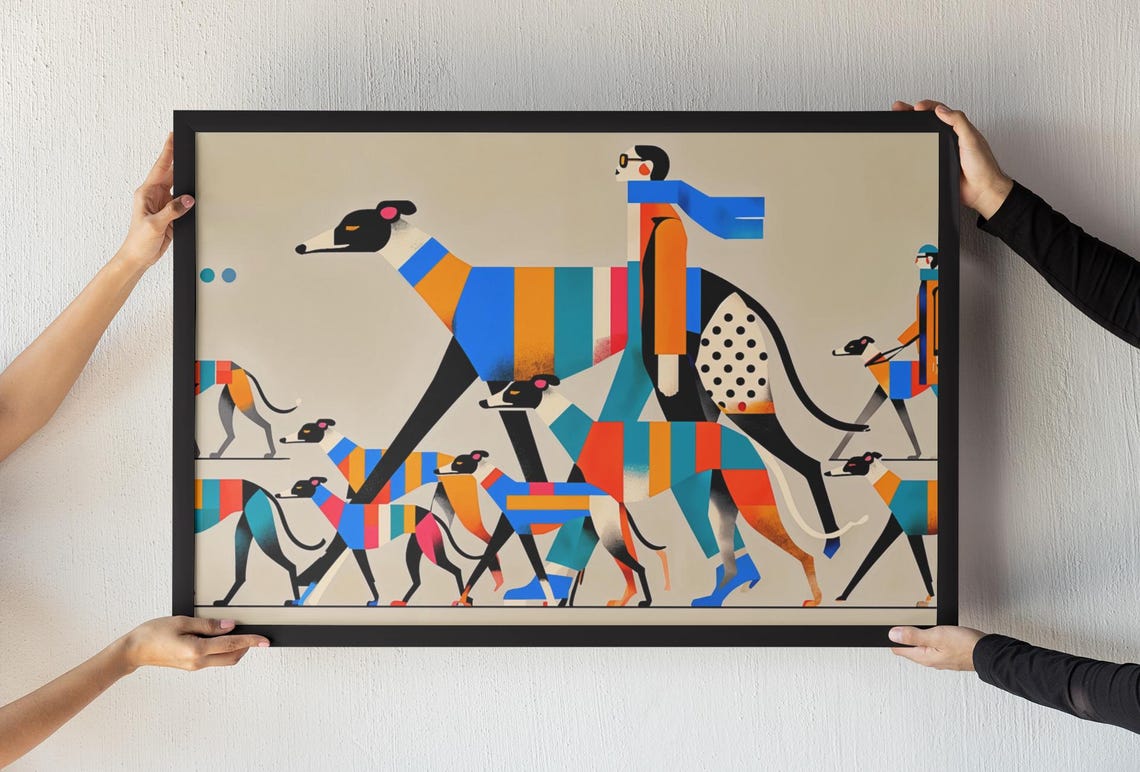 Colorful Greyhound Pack Walk Blue Scarf Geometric Modern Dog Poster
