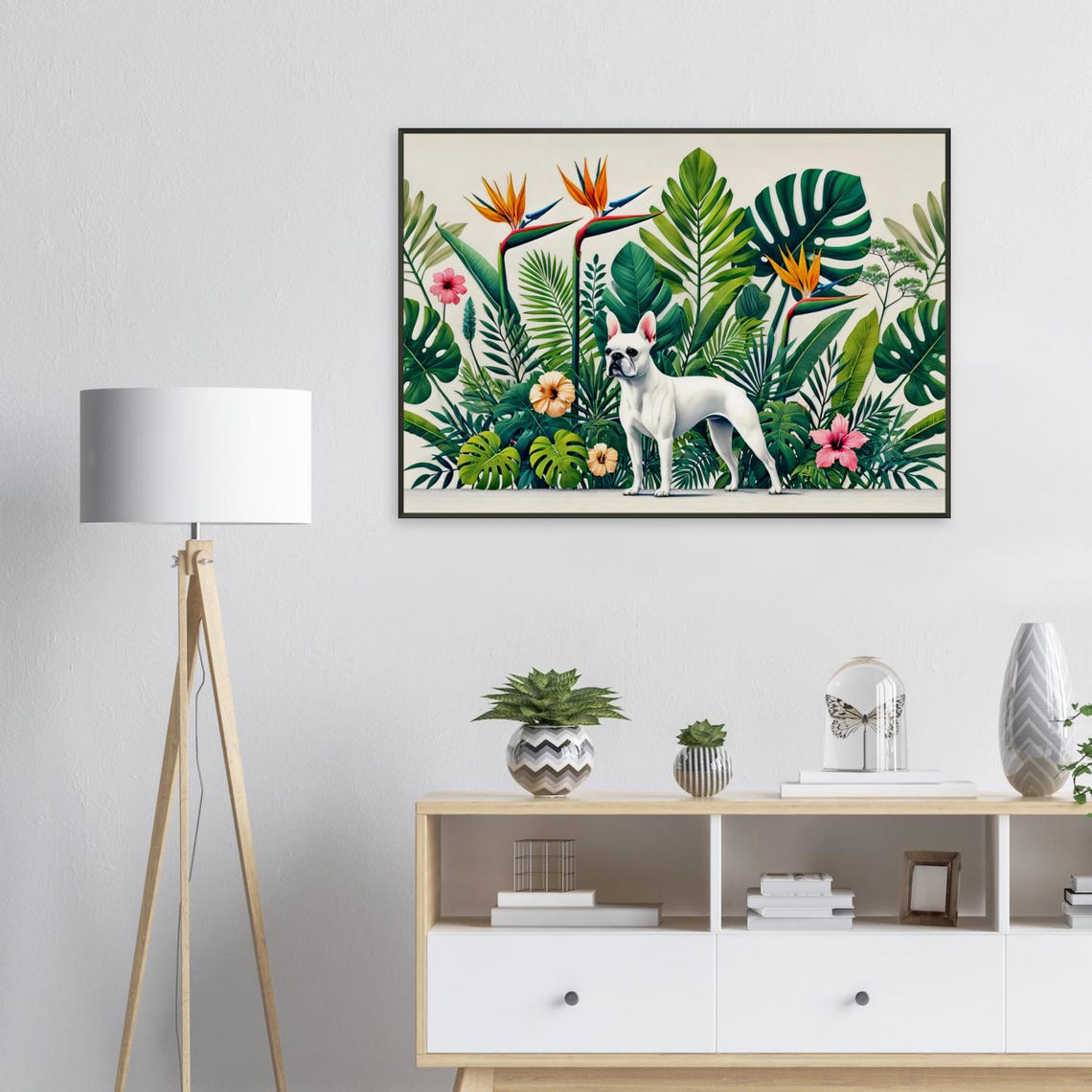 Cute White French Bulldog Tropical Botanical Garden Flower Poster - Image 2