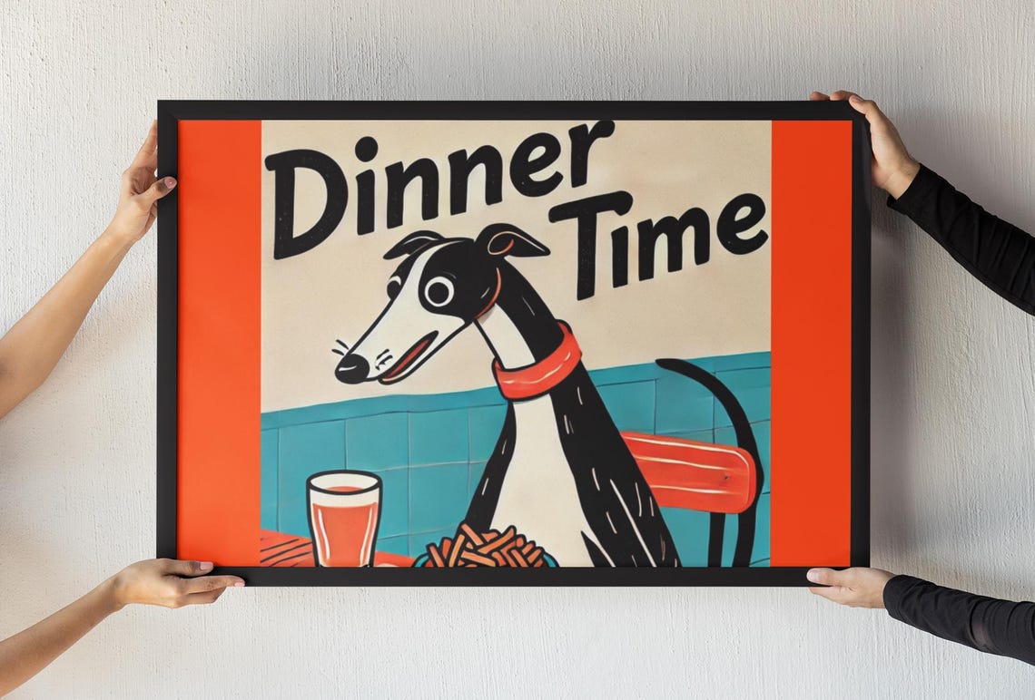 Hungry Greyhound Dinner Time Funny Retro Diner Kitchen Poster