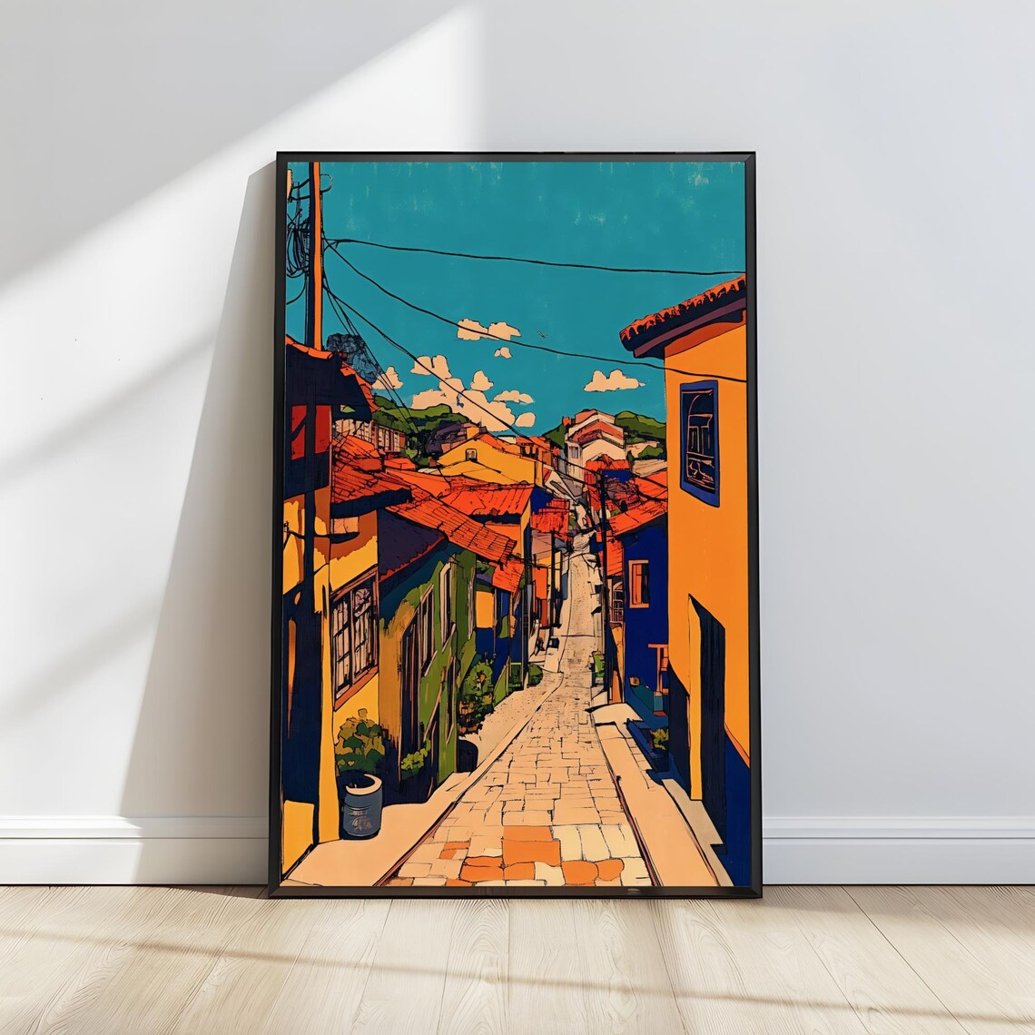 Sunlit Old Mediterranean Village Street Colorful Travel Poster - Image 3
