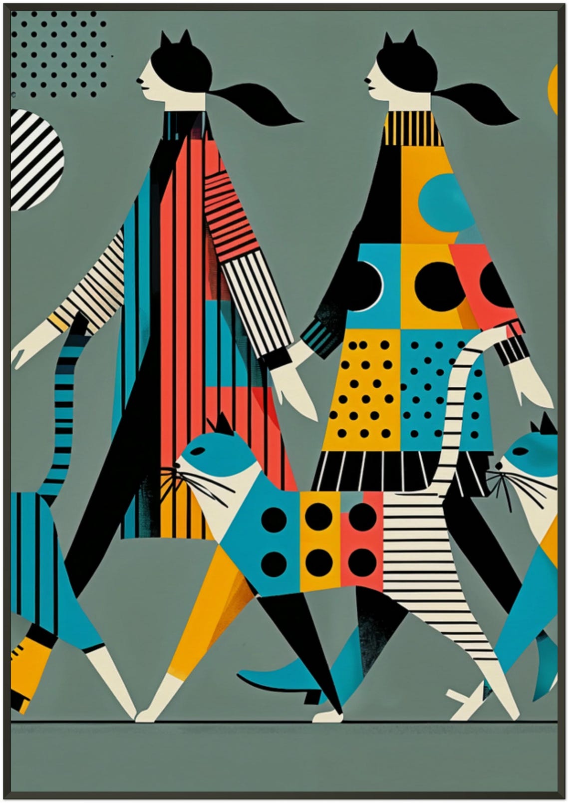 Three Women Walking Bold Patterned Cats Geometric Cat Art Poster - Image 5