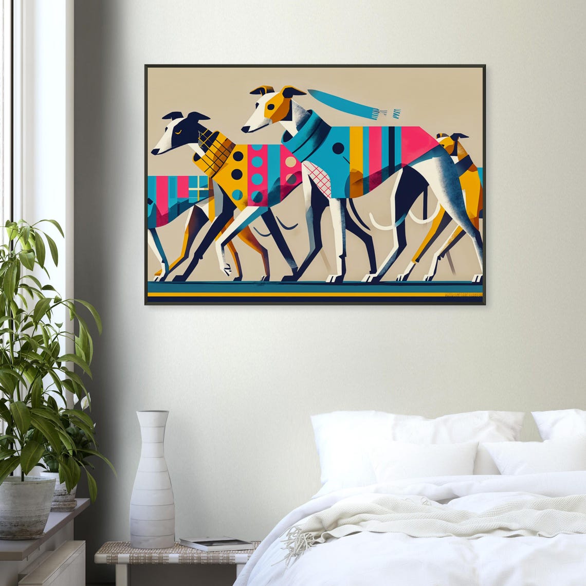 Greyhound Friends Playful Polka Dot Striped Sweater Dog Art Poster - Image 4