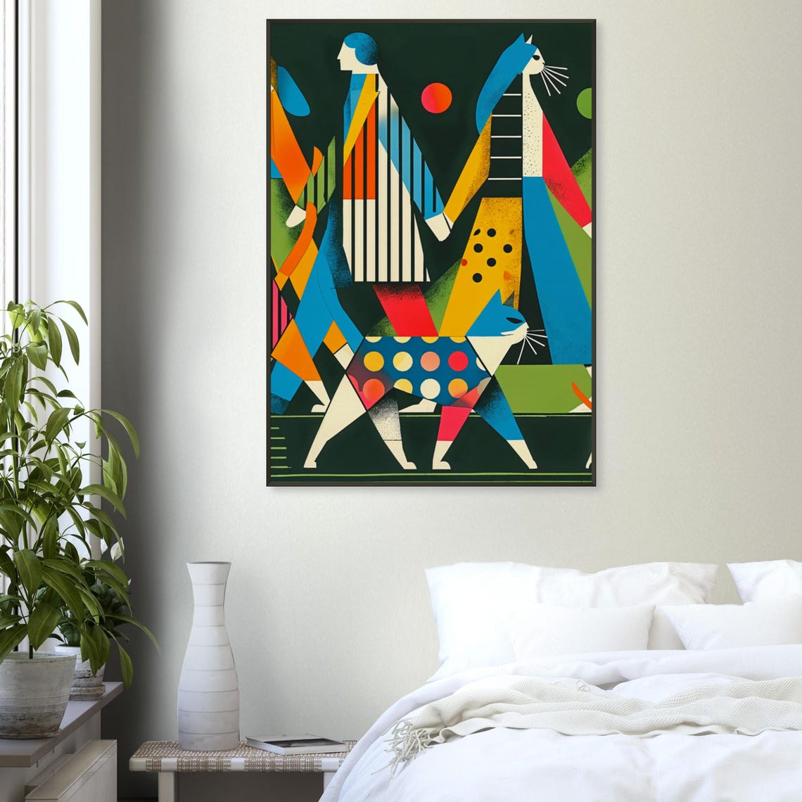 Women and Cats Night Parade Dark Green Geometric Cat Lover Poster - Image 2