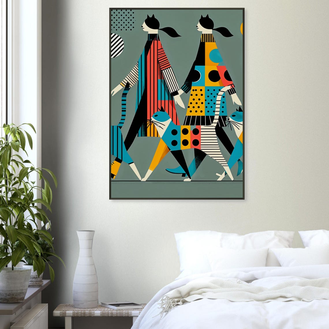 Three Women Walking Bold Patterned Cats Geometric Cat Art Poster - Image 3