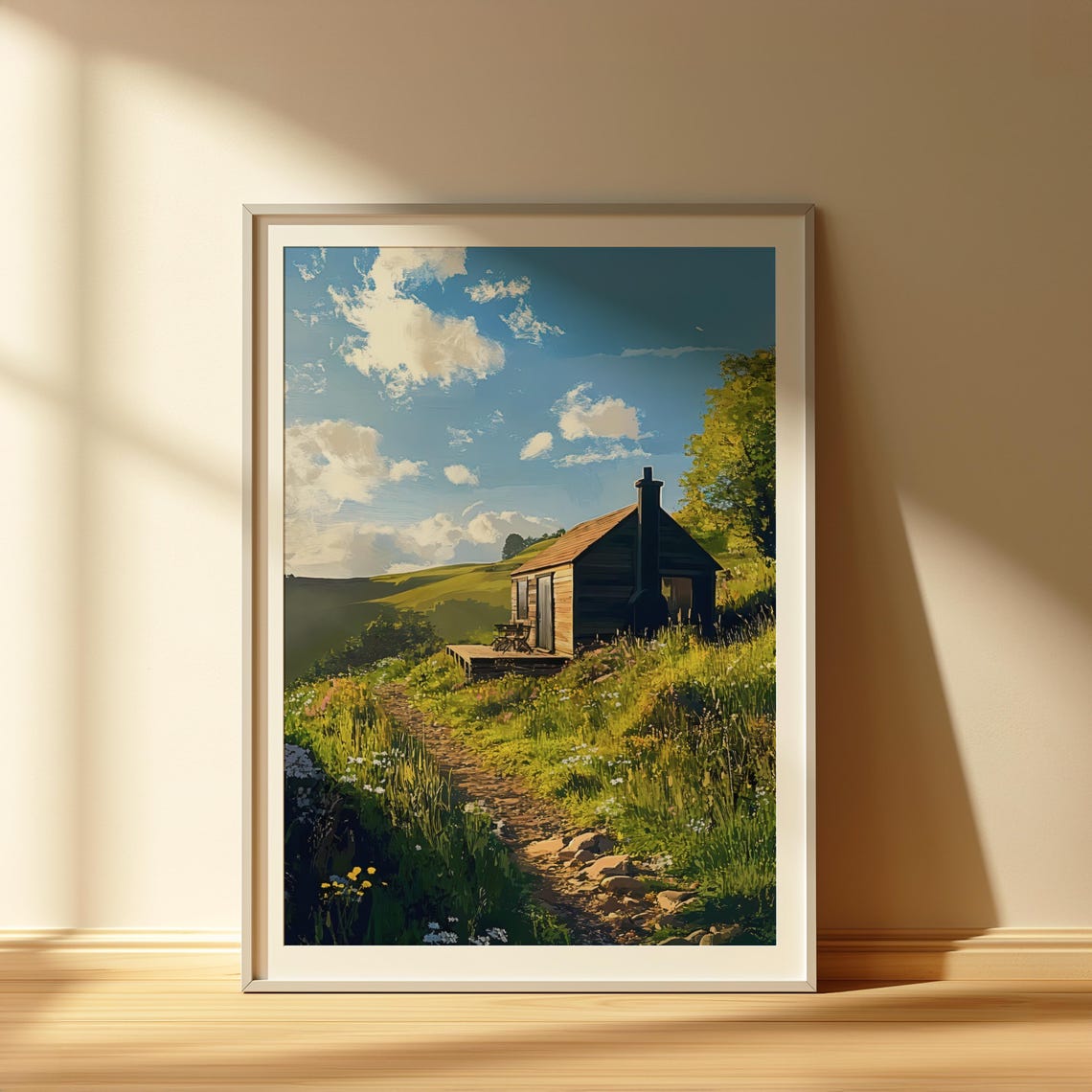 Rustic Wooden Cabin On Sunny Wildflower Meadow Hillside Art Poster - Image 4