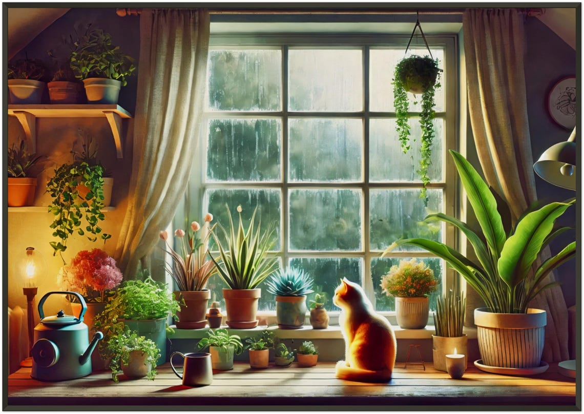 Ginger Cat Rainy Window Houseplant Cozy Warm Lamp Light Poster