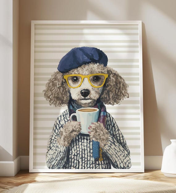 Funny Poodle Sipping Coffee Dog Pet Art Wall Decor Puppy Portrait Painting Kitchen Poster Print Illustration Retro Drawing
