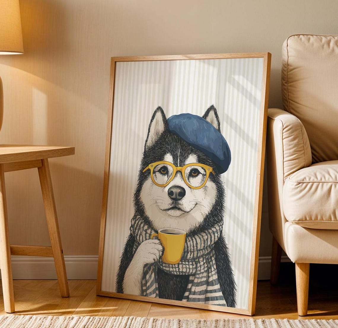 Husky in Blue Beret Glasses and Knit Scarf Sipping Coffee Poster - Image 3
