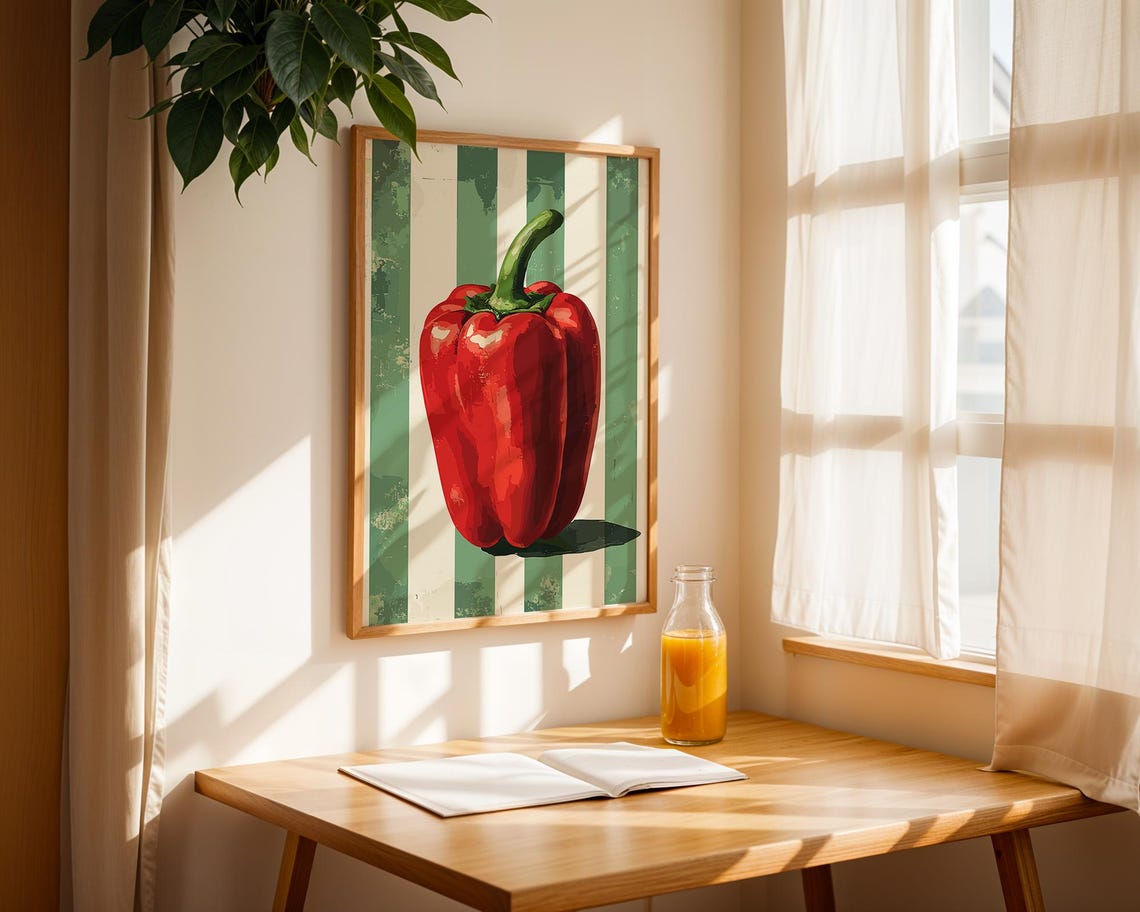 Red Bell Pepper Pop Art Green Striped Vintage Kitchen Poster - Image 3