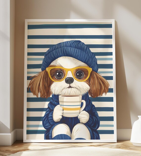 Shih Tzu in Blue Beanie and Glasses Sipping Coffee Dog Poster