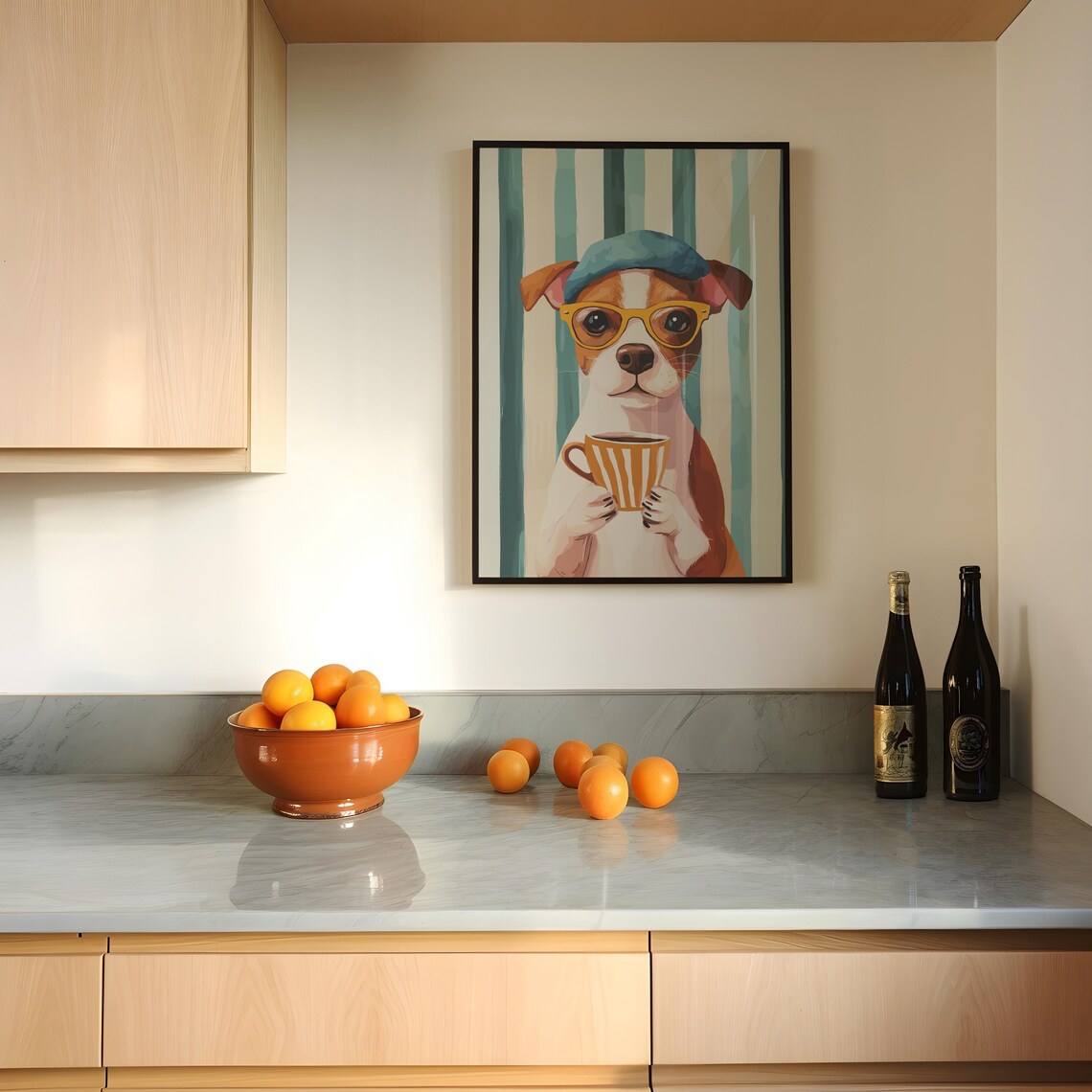 Cute Dog in Beret and Glasses Holding Coffee Cup Funny Poster - Image 3