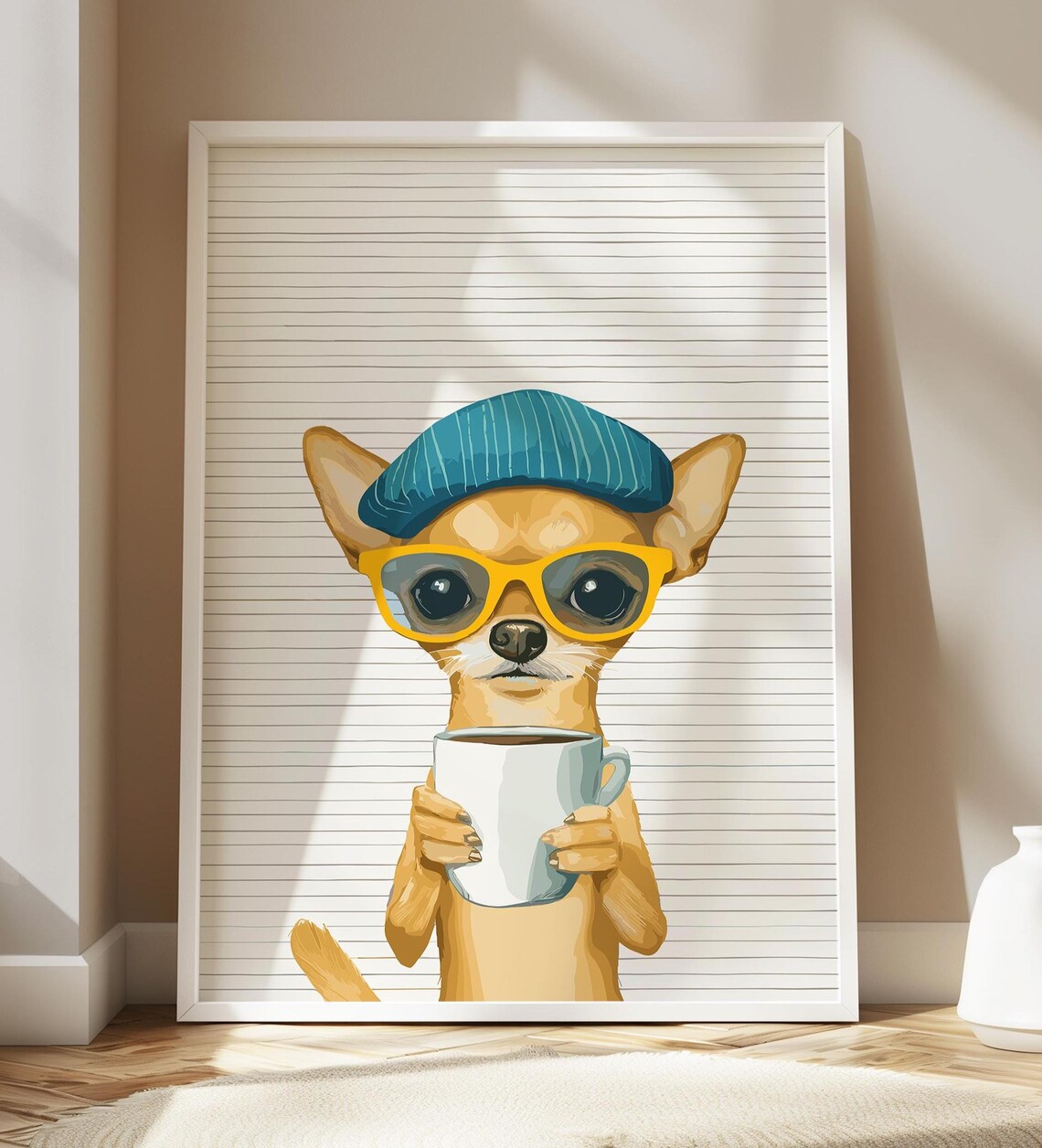 Chihuahua in Teal Beanie and Yellow Glasses Holding Coffee Poster
