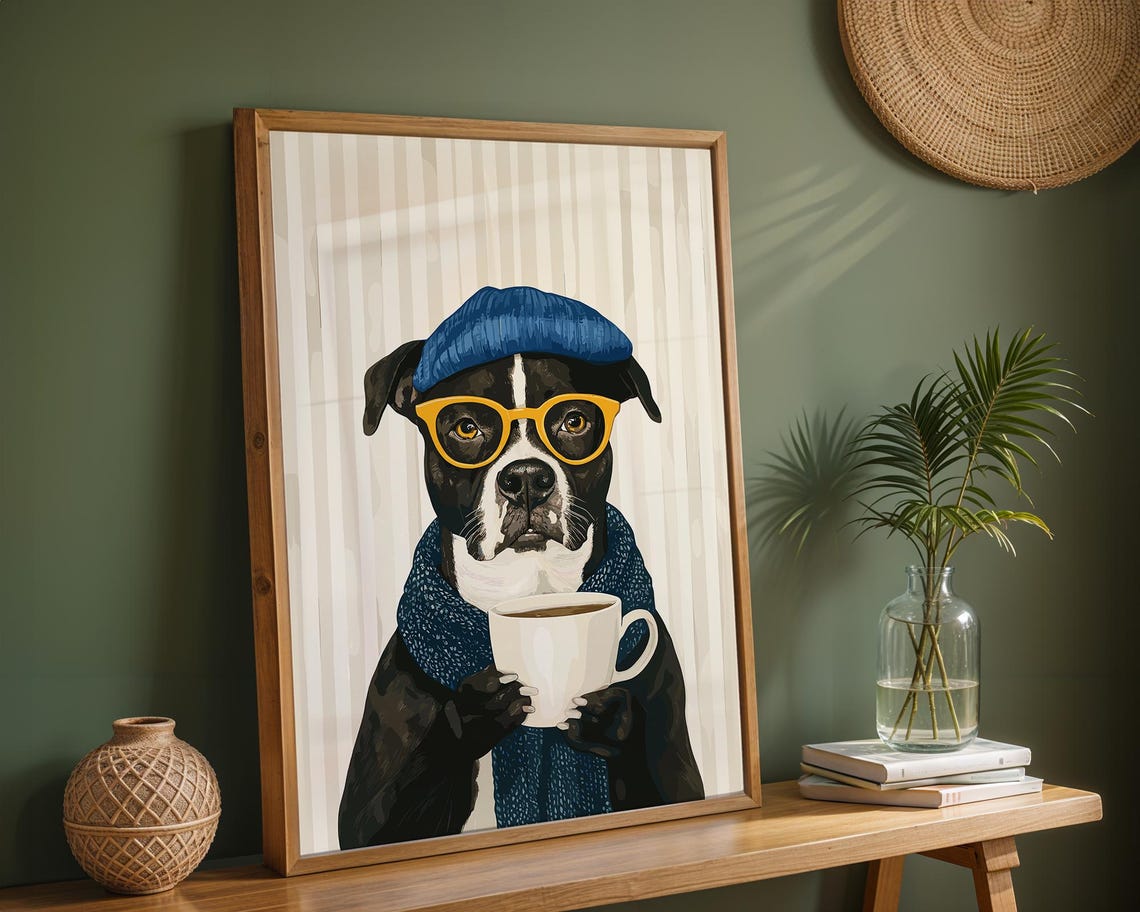 Staffy in Blue Beanie Glasses and Scarf Holding Coffee Poster - Image 3