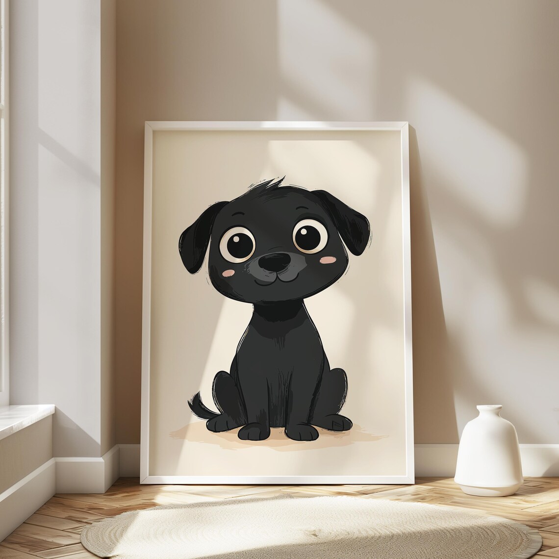 Sweet Adorable Black Puppy With Big Eyes Nursery Cartoon Wall Art - Image 2