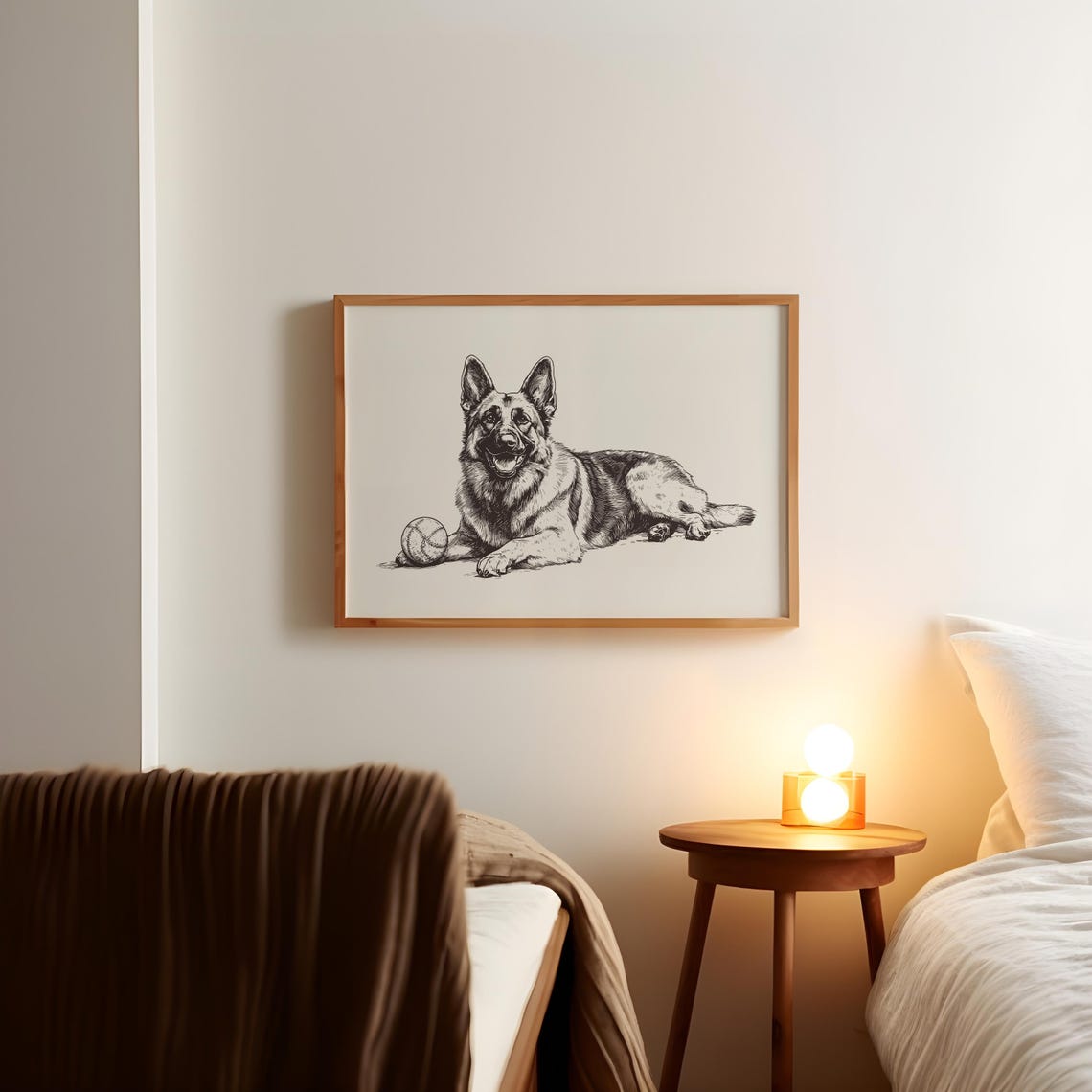 German Shepherd Lying With Ball Detailed Ink Sketch Dog Poster - Image 2