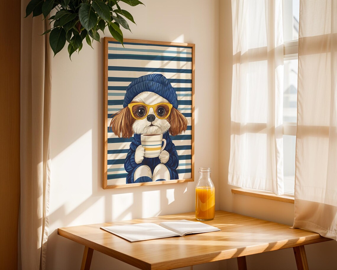 Shih Tzu in Blue Beanie and Glasses Sipping Coffee Dog Poster - Image 2