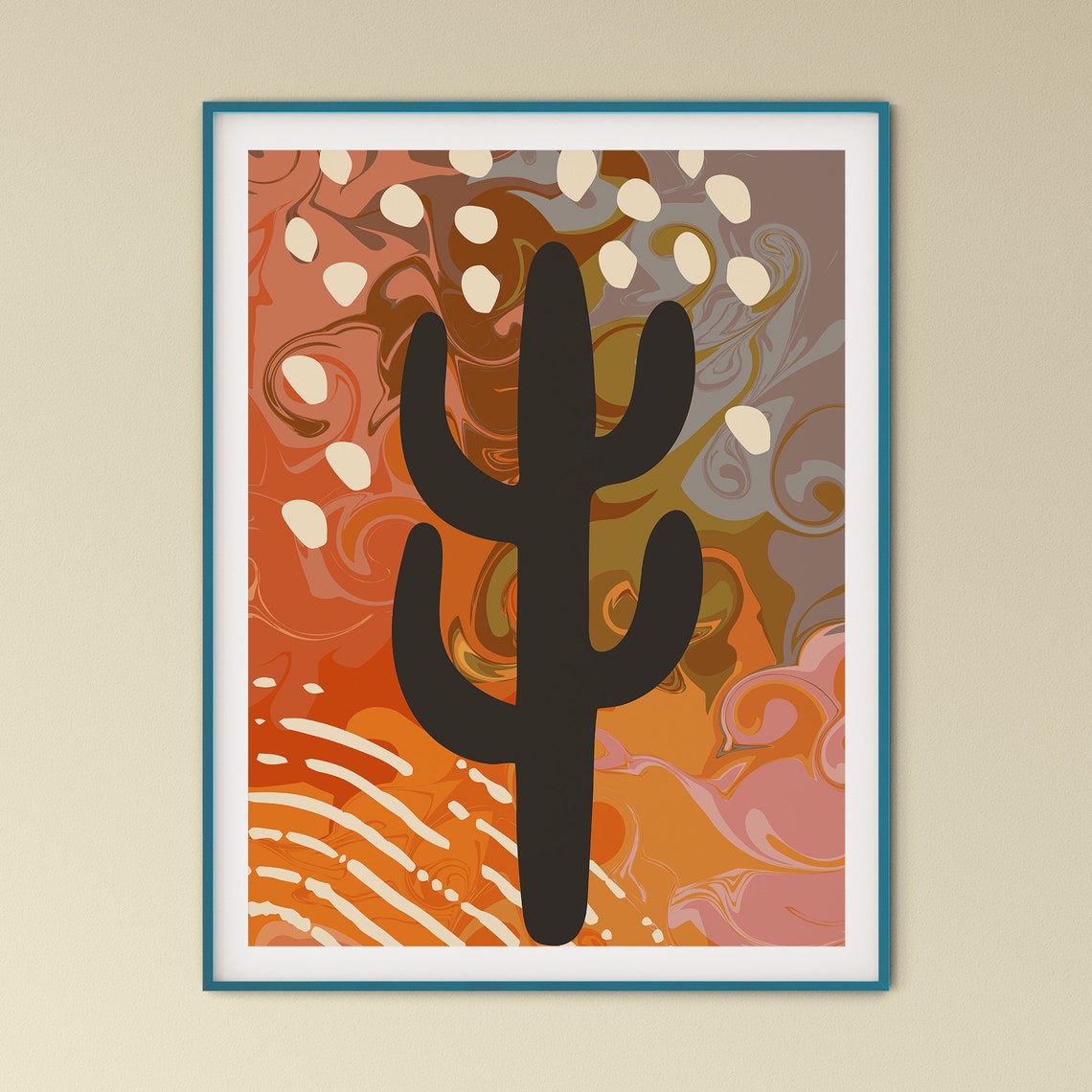 Black Cactus Silhouette on a Swirling Rust Marble Sunset Poster