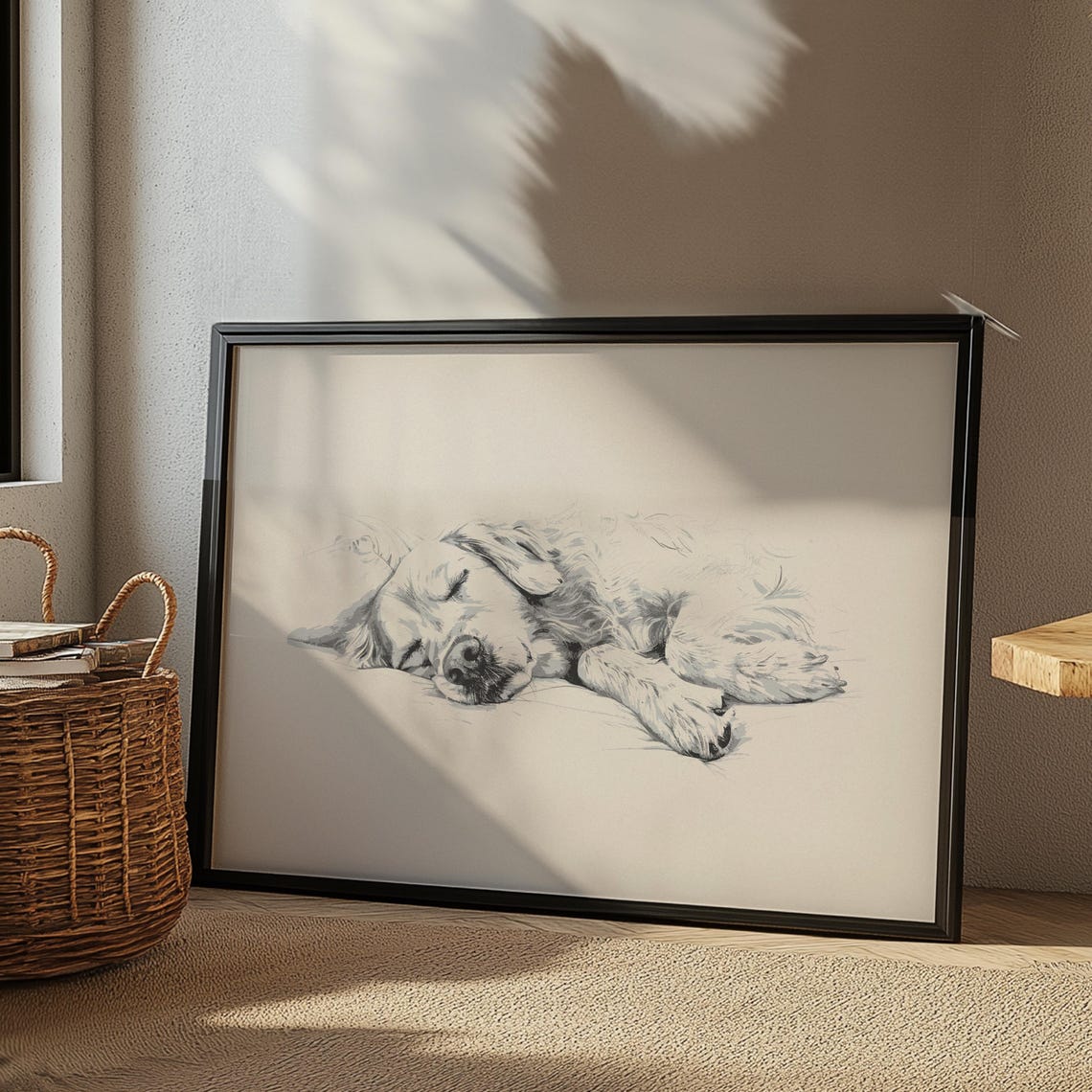 Golden Retriever Poster Dog Vintage Art Sleeping Dog Wall Decor Antique Vintage Painting Country Wall Art Dog Drawing Farmhouse Art - Image 2