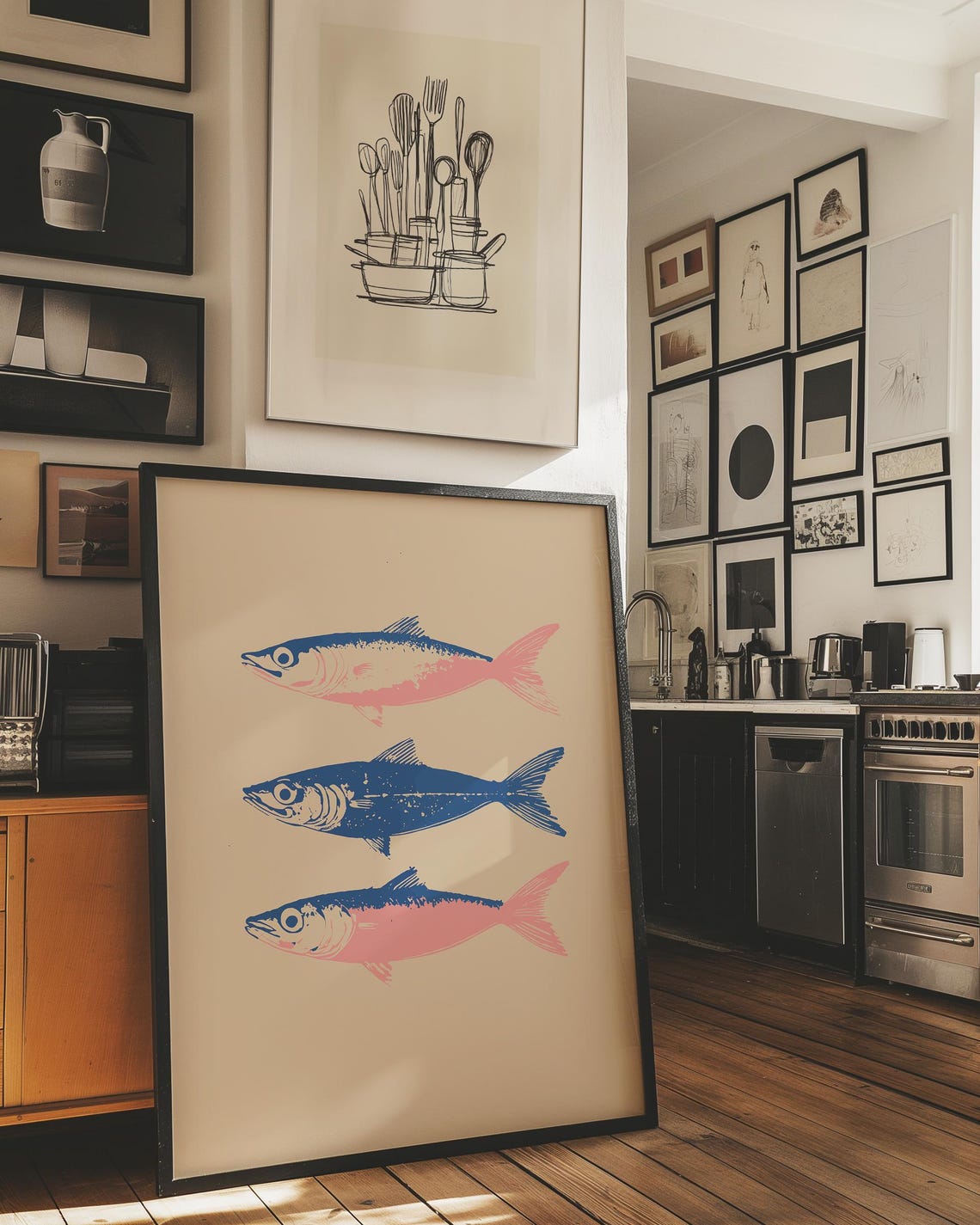 Mackerel Vintage Print Blue Pink Fish Wall Art Farmhouse Kitchen Poster Fish Art Kitchen Drawing Trendy Food Art Retro Kitchen Art - Image 3