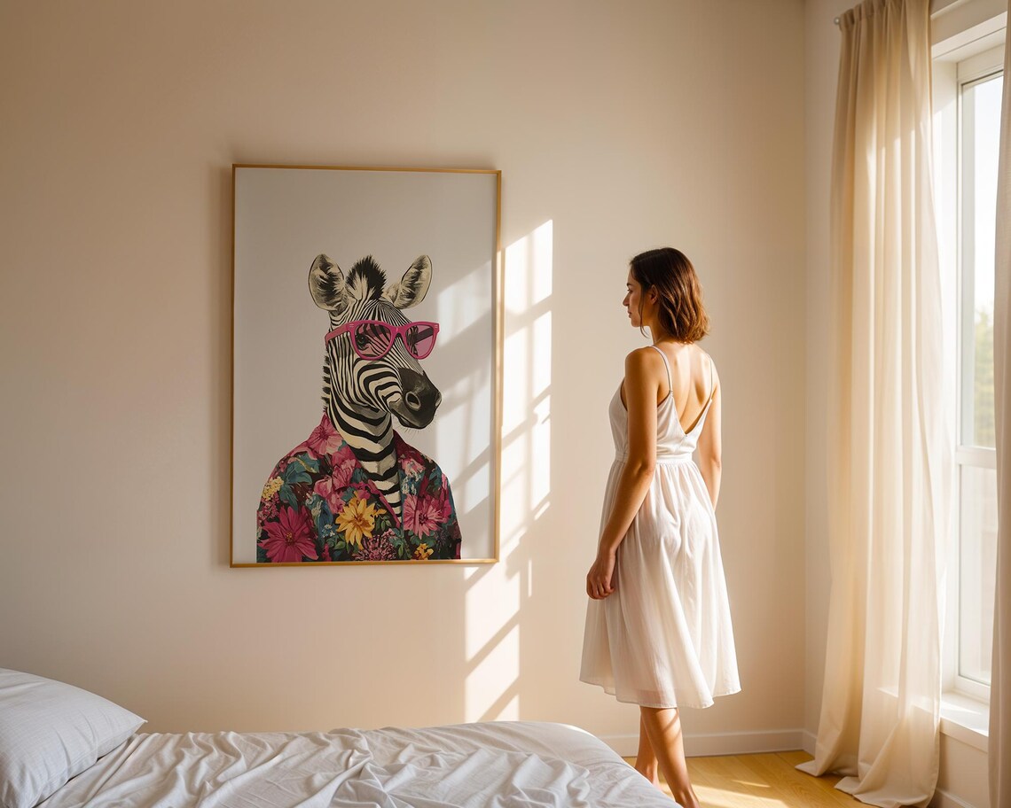 Playful Zebra In Pink Sunglasses Wearing Floral Shirt Animal Poster - Image 3