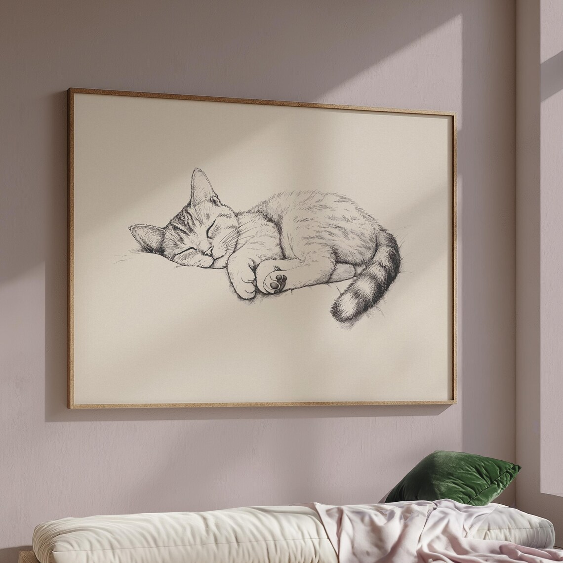 Sleeping Tabby Cat Curled Up Cozy Fine Line Art Sketch Poster - Image 2