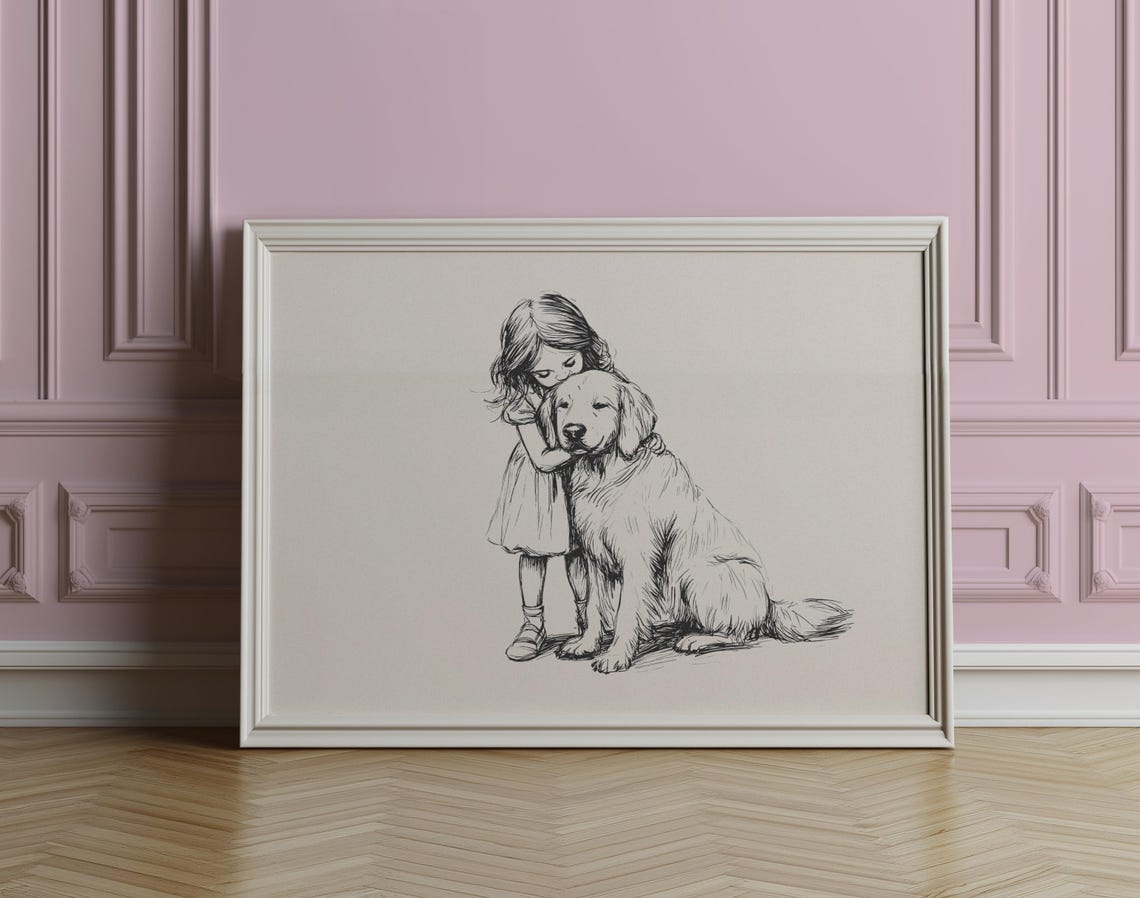Girl And Golden Retriever Nursery Print Dog Vintage Poster Girls Nursery Art Retro Dog Drawing Dog Art Sketch Baby Room Wall Decor - Image 2