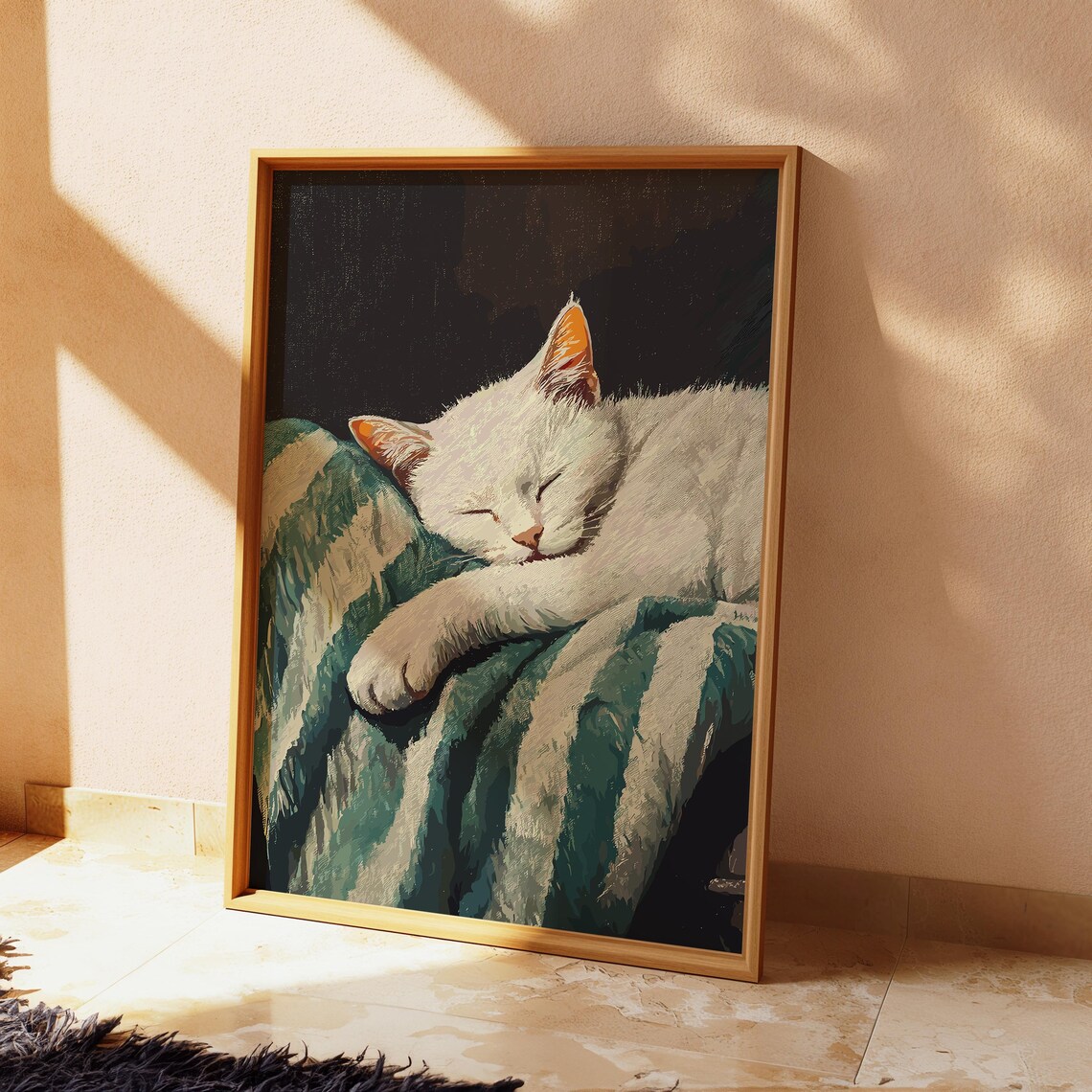 Sleeping White Cat on Green Quilt Cozy Vintage Cat Painting Poster - Image 3