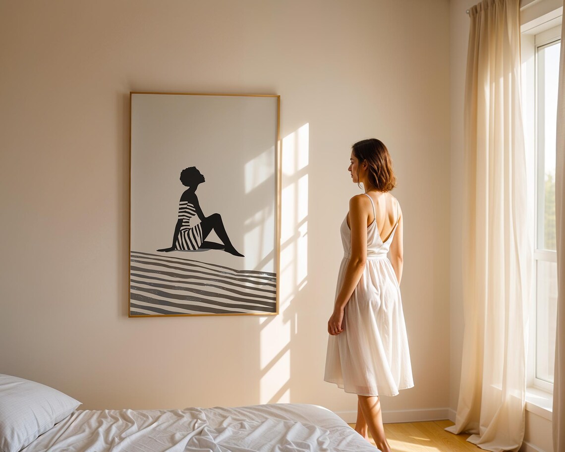 Woman Silhouette Striped Dress Minimalist Modern Wall Poster - Image 2