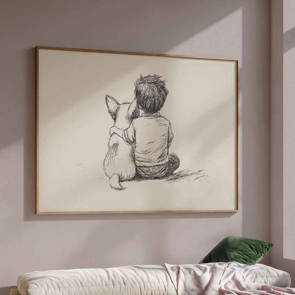 Corgi And Boy Nursery Print Dog Nursery Art Kids Room Retro Poster Corgi Puppy Sketch Art Neutral Dog Drawing Boys Room Painting Decor - Image 2