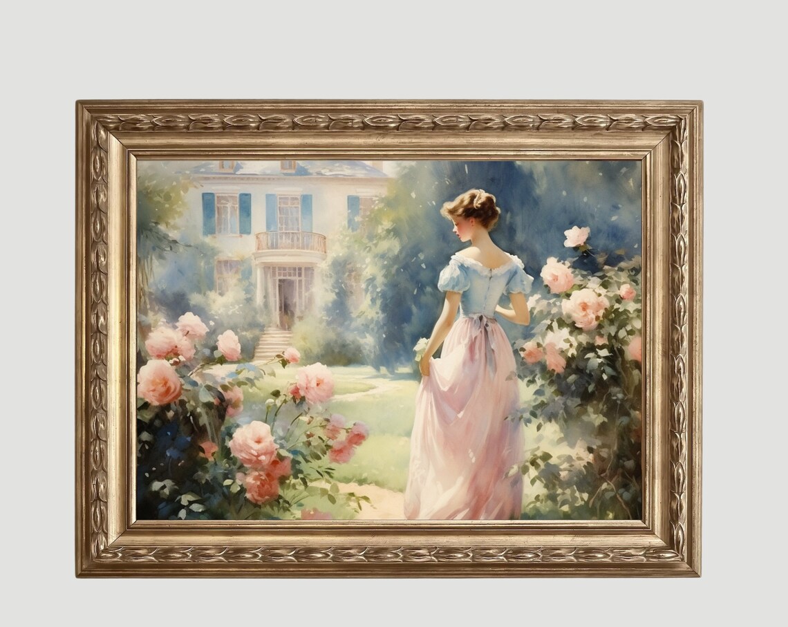 Elegant Lady In Rose Garden By Country Manor Vintage Painting Poster