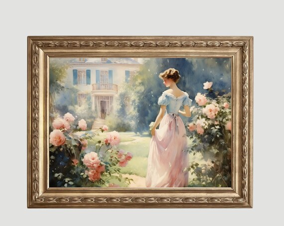 Elegant Lady In Rose Garden By Country Manor Vintage Painting Poster