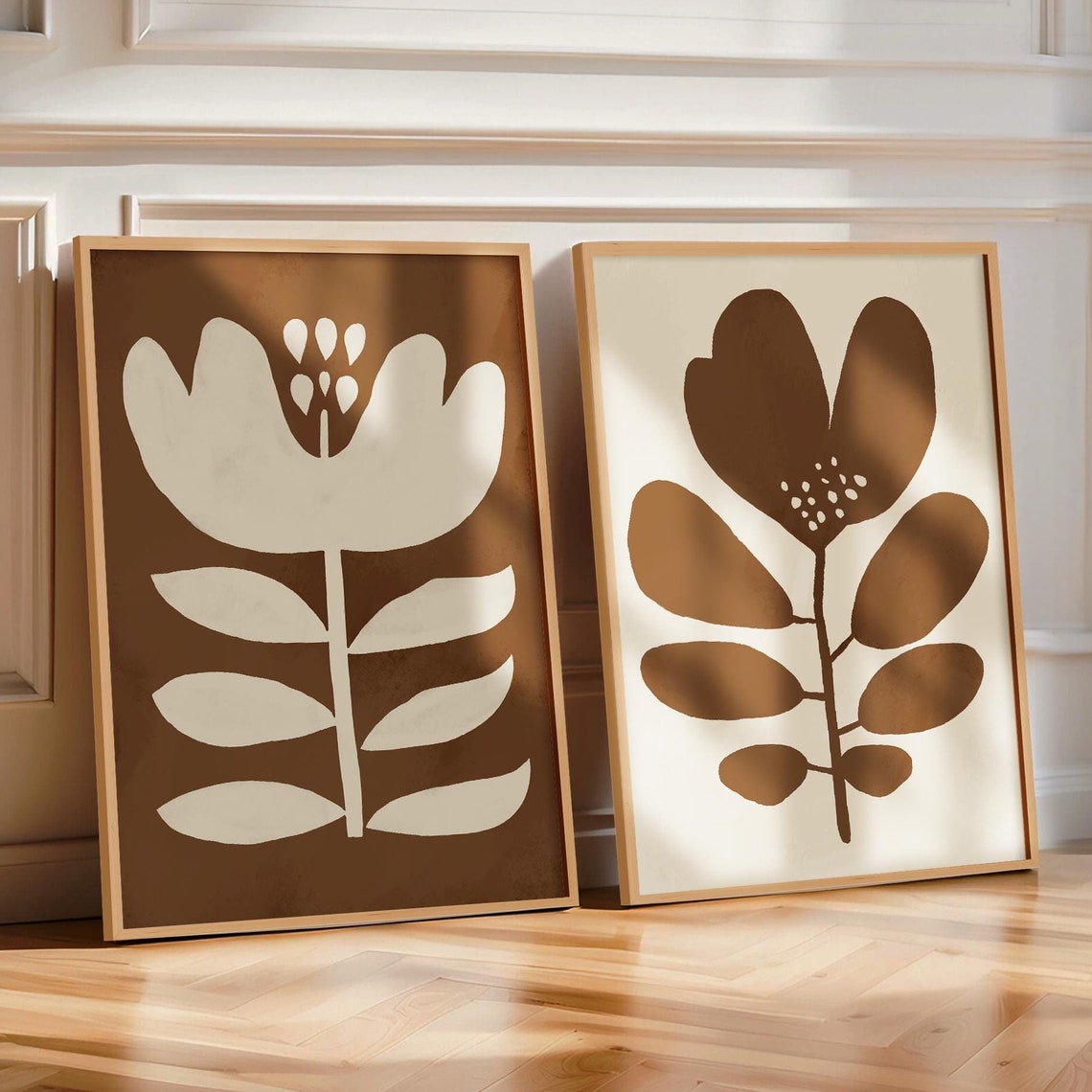 Brown Retro Floral Two Piece Set Cream Beige Abstract Wall Art