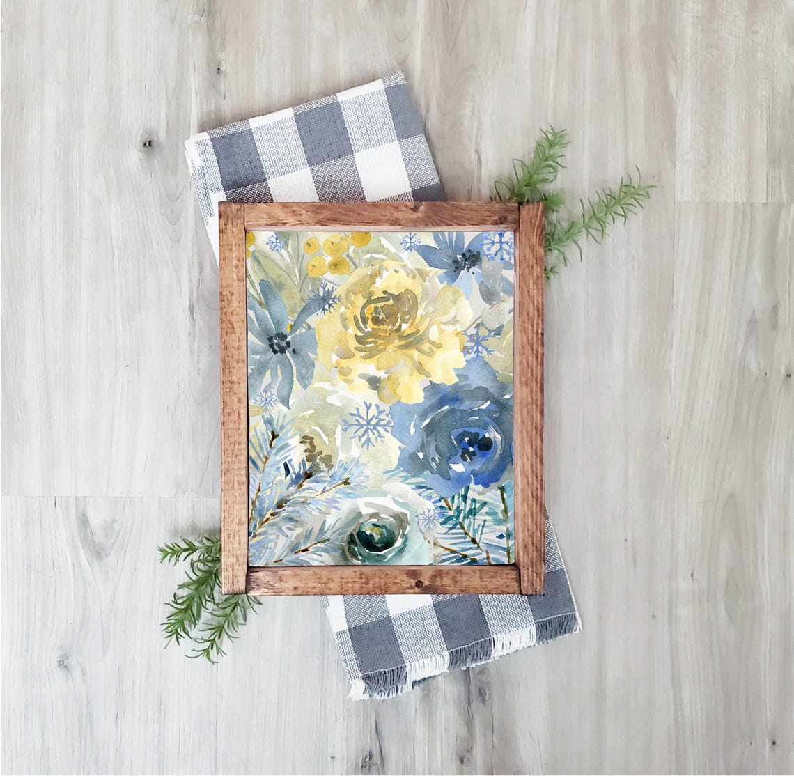 Frosty Blue Gold Winter Floral Collage Watercolor Snowflake Poster - Image 5