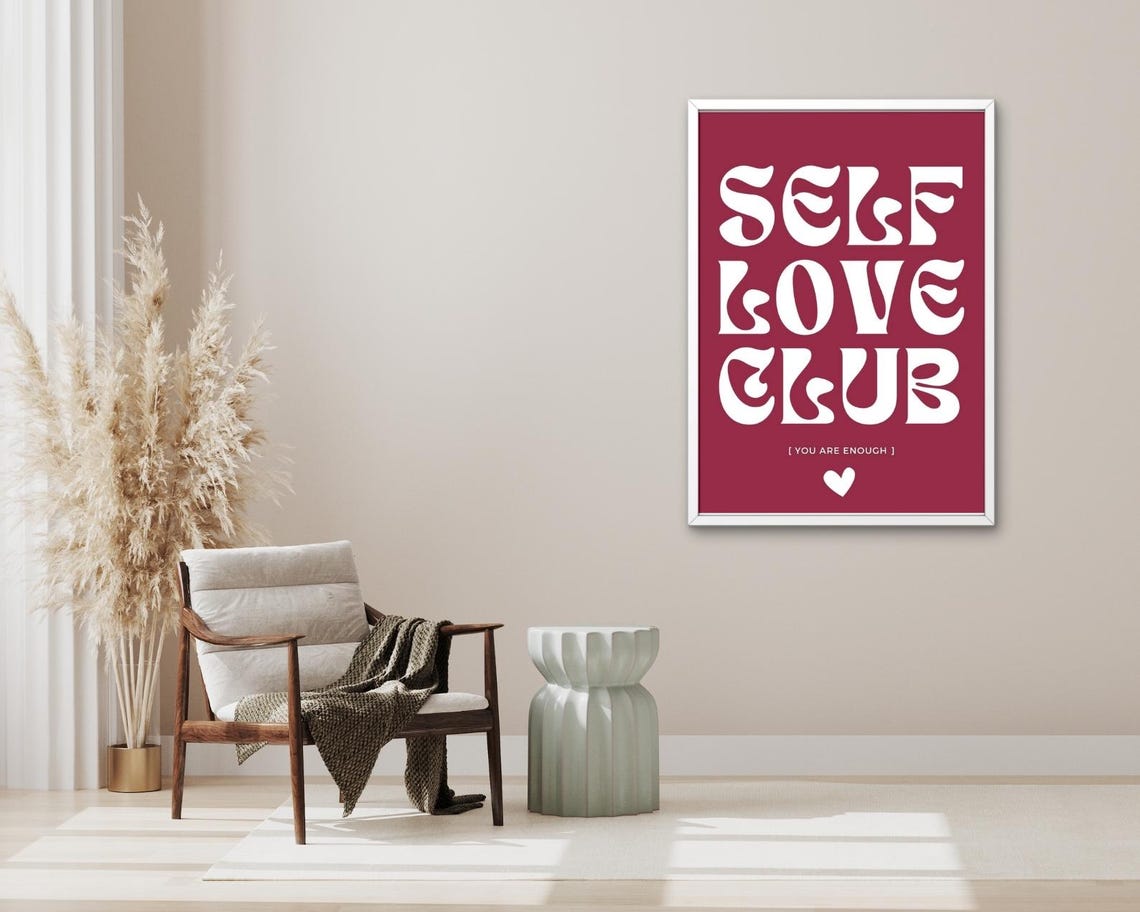 Self Love Club Burgundy White Retro Typography Affirmation Poster - Image 3