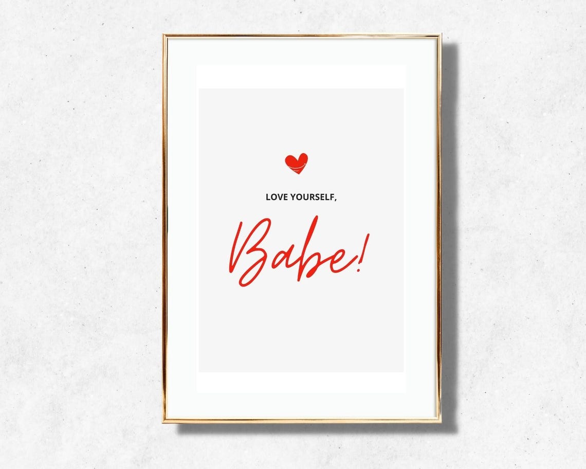 Love Yourself Babe Self Love Quote Red Script Heart Art Poster - Image 2