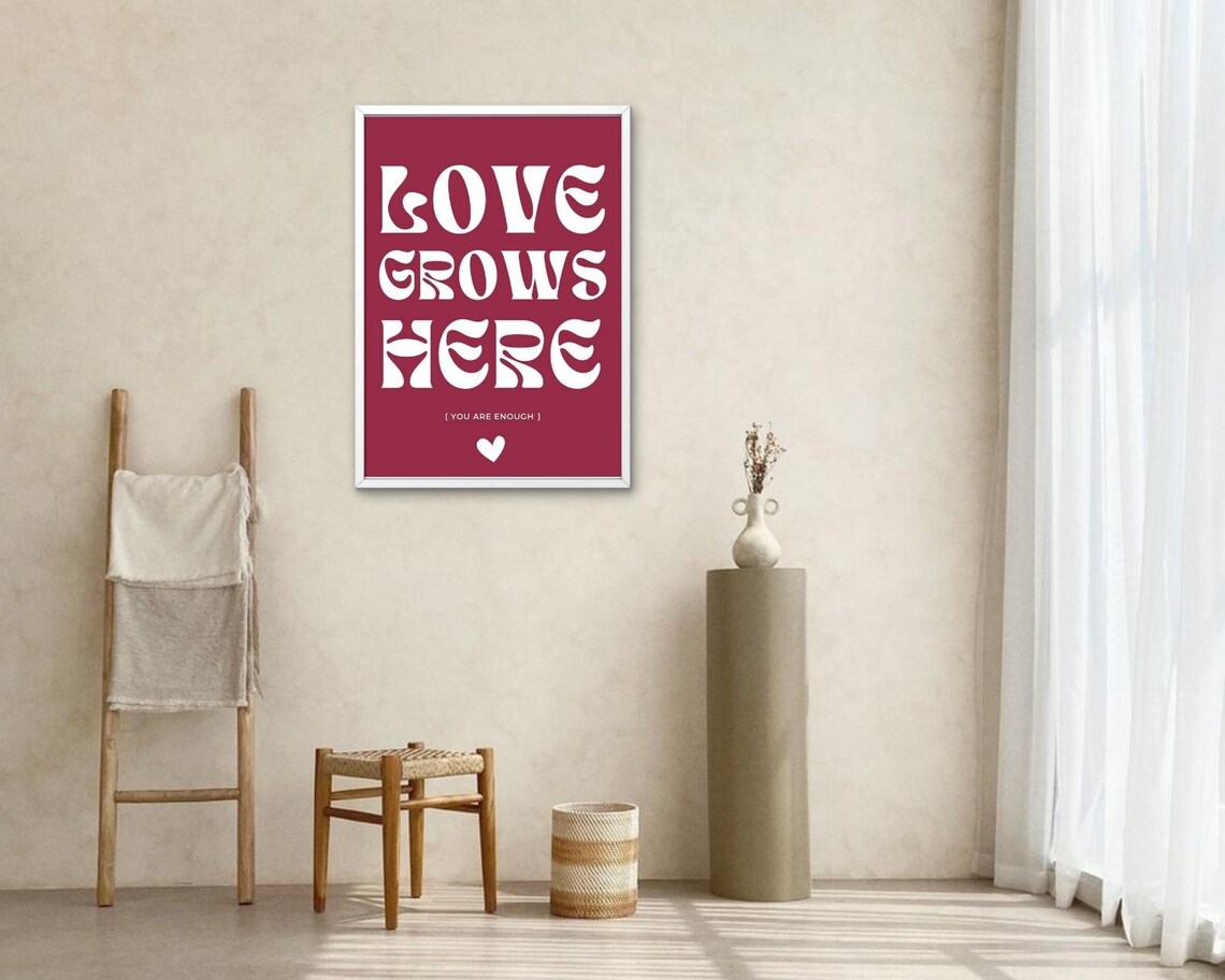 Love Grows Here Burgundy White Retro Typography Heart Quote Poster - Image 2