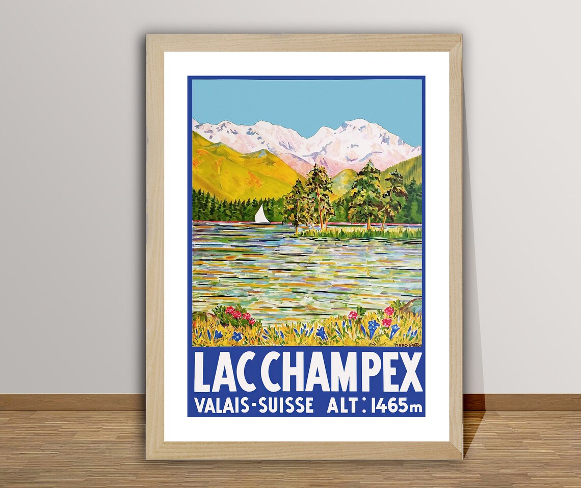 Lac Champex Suisse Vintage Travel Poster, Alpine Lake