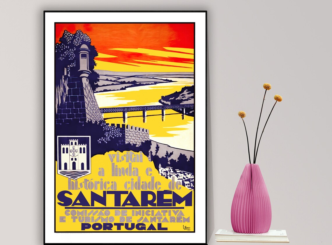 Historic Santarem Portugal Vintage Tagus River Bridge Travel Poster
