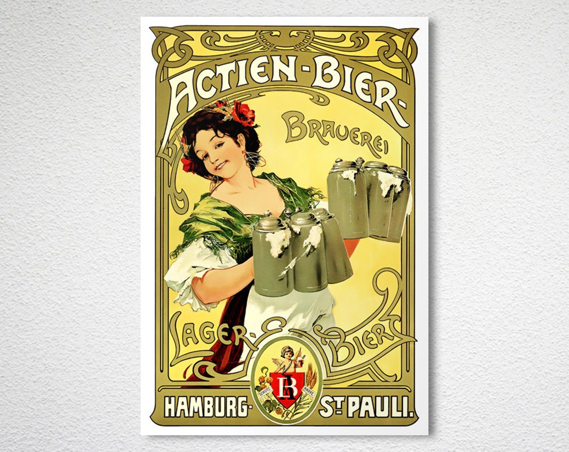Actien Bier Hamburg St Pauli Art Nouveau Beer Maid Stein Poster - Image 2