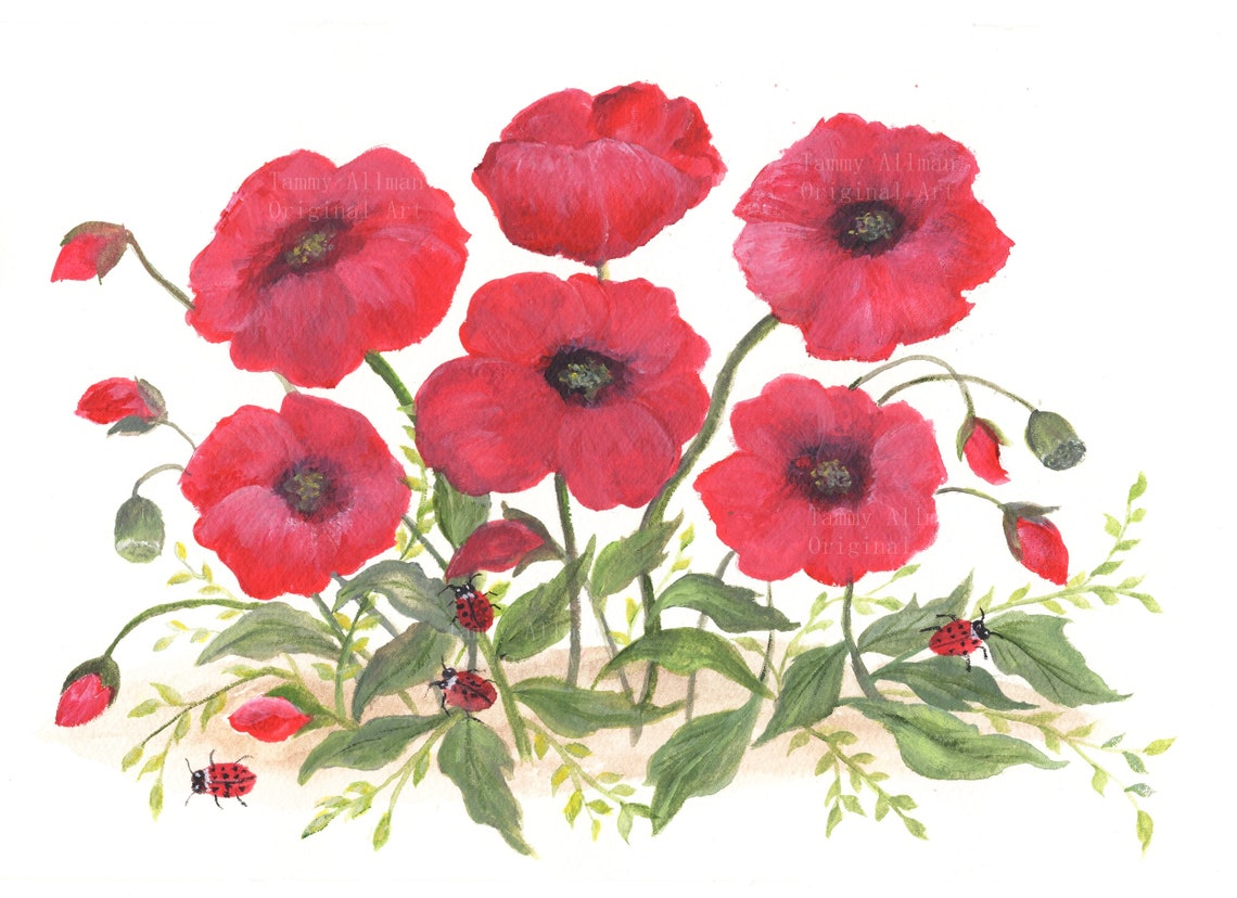 Red Poppies with Ladybugs Watercolor Garden Floral Art Poster